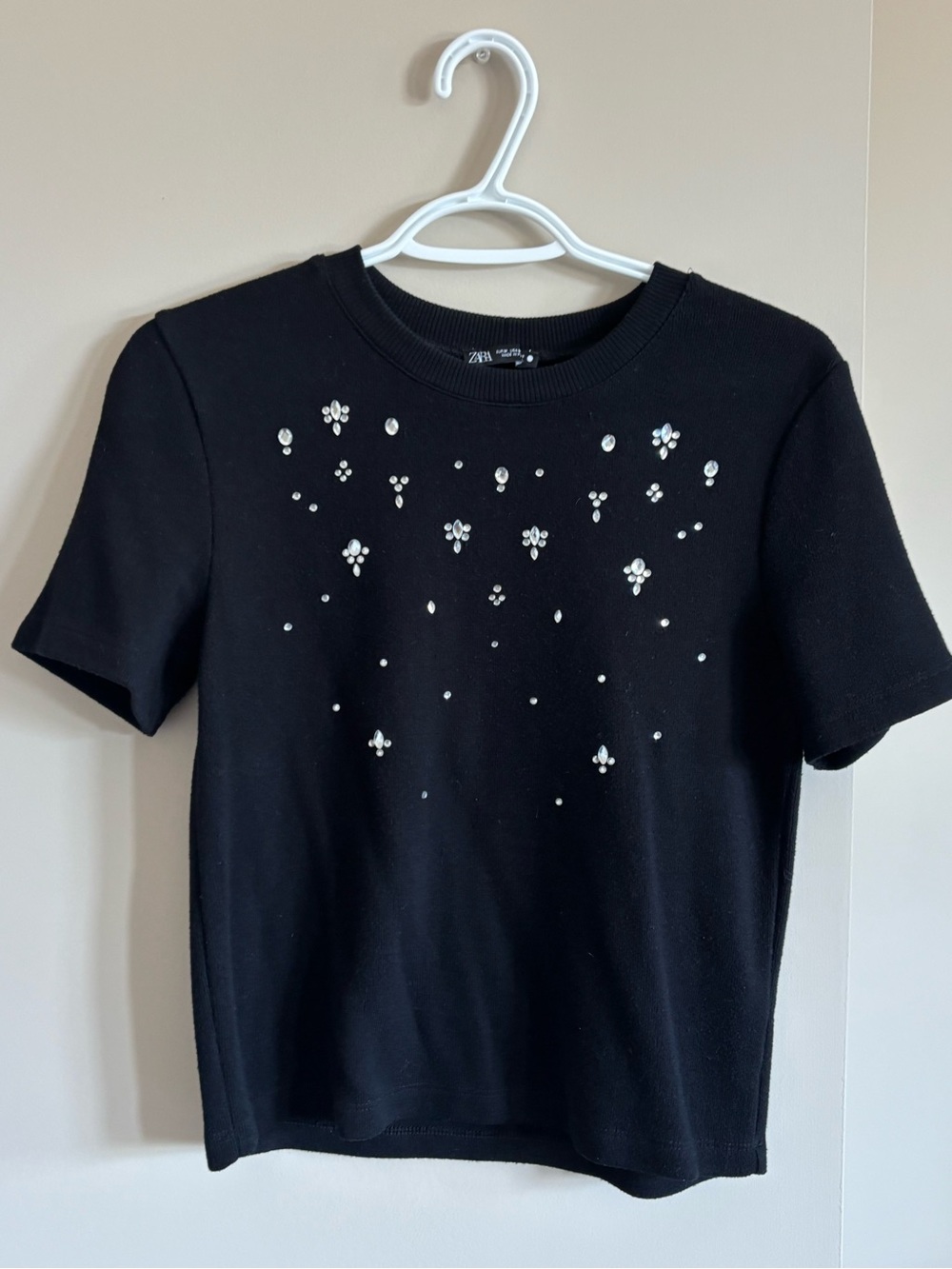 Zara Black Short-Sleeve Knit Top with Crystal Accents